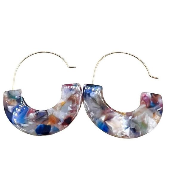 Multicolored acrylic hoop earring on gold tone hook - Picture 1 of 8
